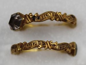 A ring dedicated to Sarah Hill of the 'Great Hill' family of Shropshire. Found 275 years after it was created, the ring would have been given to close friends and family members
