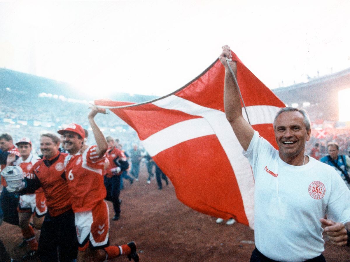 FILE - In this June 26, 1992 file photo, Richard Moller-Nielsen celebrates Denmark winning the European Soccer Championships, at Nya Ullevi Stadion, in Gothenburg, Sweden.  Richard Moller Nielsen, who led the Danish football team to its first major title in 1992 and later coached Finland and Israel, has died, it was reported on Thursday, Feb. 13, 2014. He was 76. (AP Photo/Polfoto, Kim Agersten, File) DENMARK OUT.