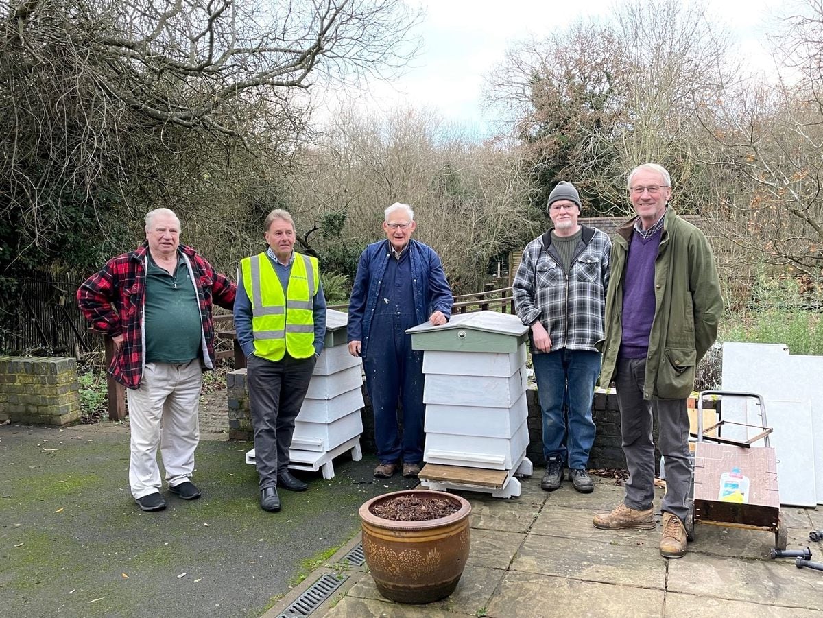 Shropshire Beekeepers Association apiary manager Ivor Huckin, Carl Davies from Pave Aways and association members Dave Bourne, John Connolly and Will Jones