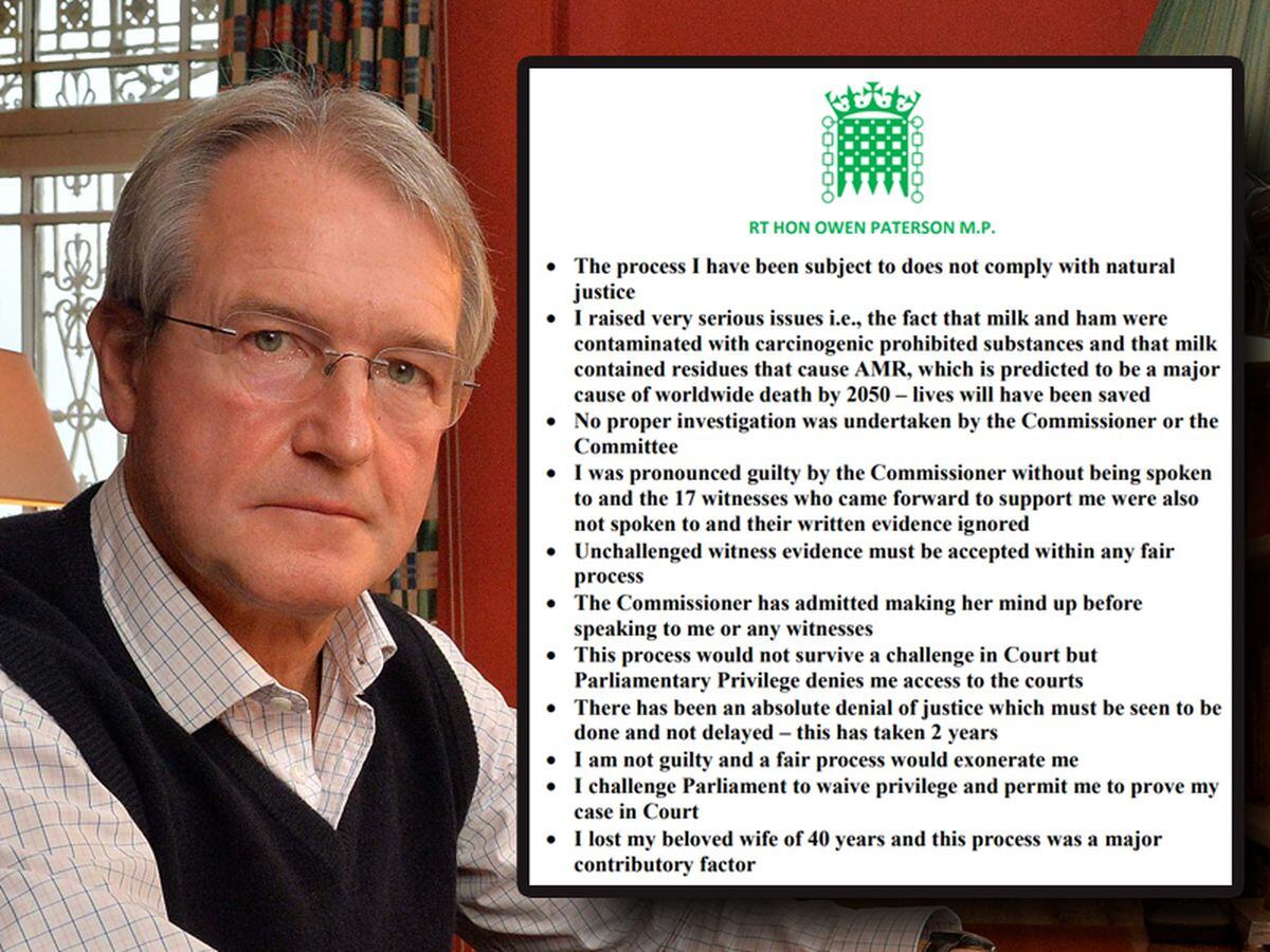 Owen Paterson issued a five-page response to the investigation, beginning with bullet points, inset