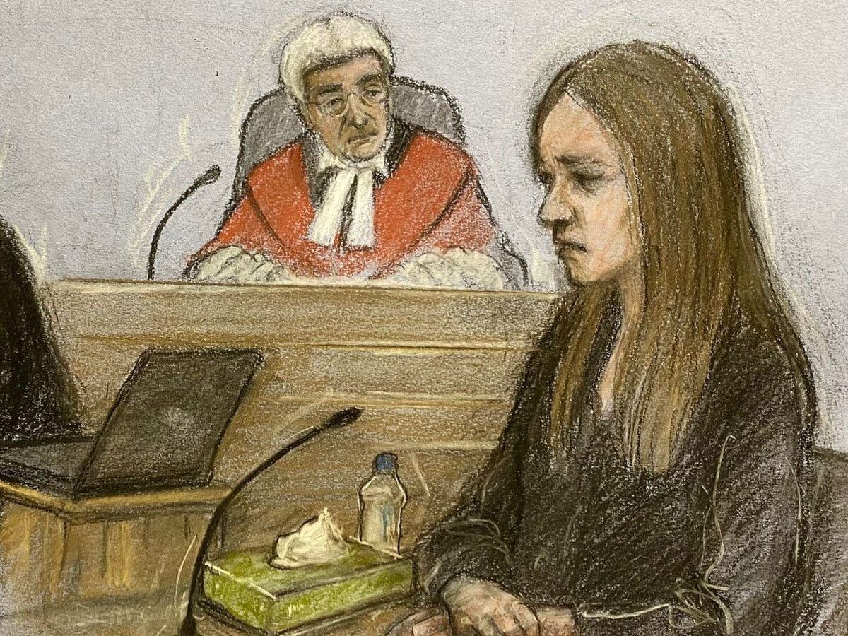 Court artist sketch by Elizabeth Cook of Lucy Letby giving evidence in the dock at Manchester Crown Court earleir in May