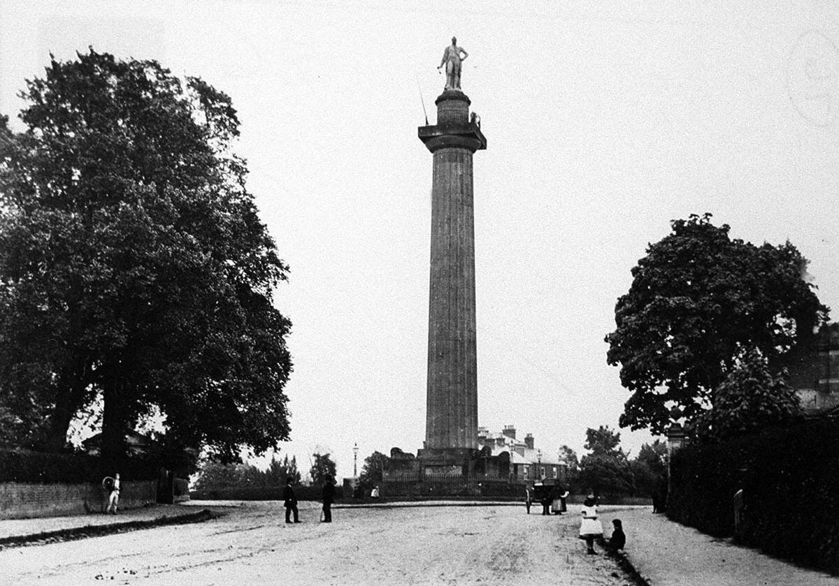 An early – traffic-free – picture of Lord Hill’s Column in Shrewsbury
