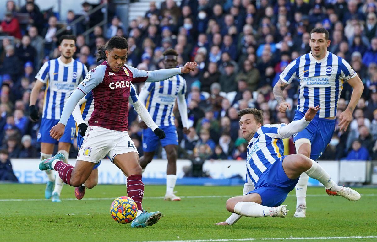 
              
Aston Villa's Jacob Ramsey shoots at goal during the Premier League match at the AMEX Stadium, Brighton. Picture date: Saturday February 26, 2022. PA Photo. See PA story SOCCER Brighton. Photo credit should read: Gareth Fuller/PA Wire.


RESTRICTIONS: EDITORIAL USE ONLY No use with unauthorised 
audio, video, data, fixture lists, club/league logos or "live" services. Online in-match use limited to 120 images, no video emulation. No use in betting, games or single club/league/player publications.
            
