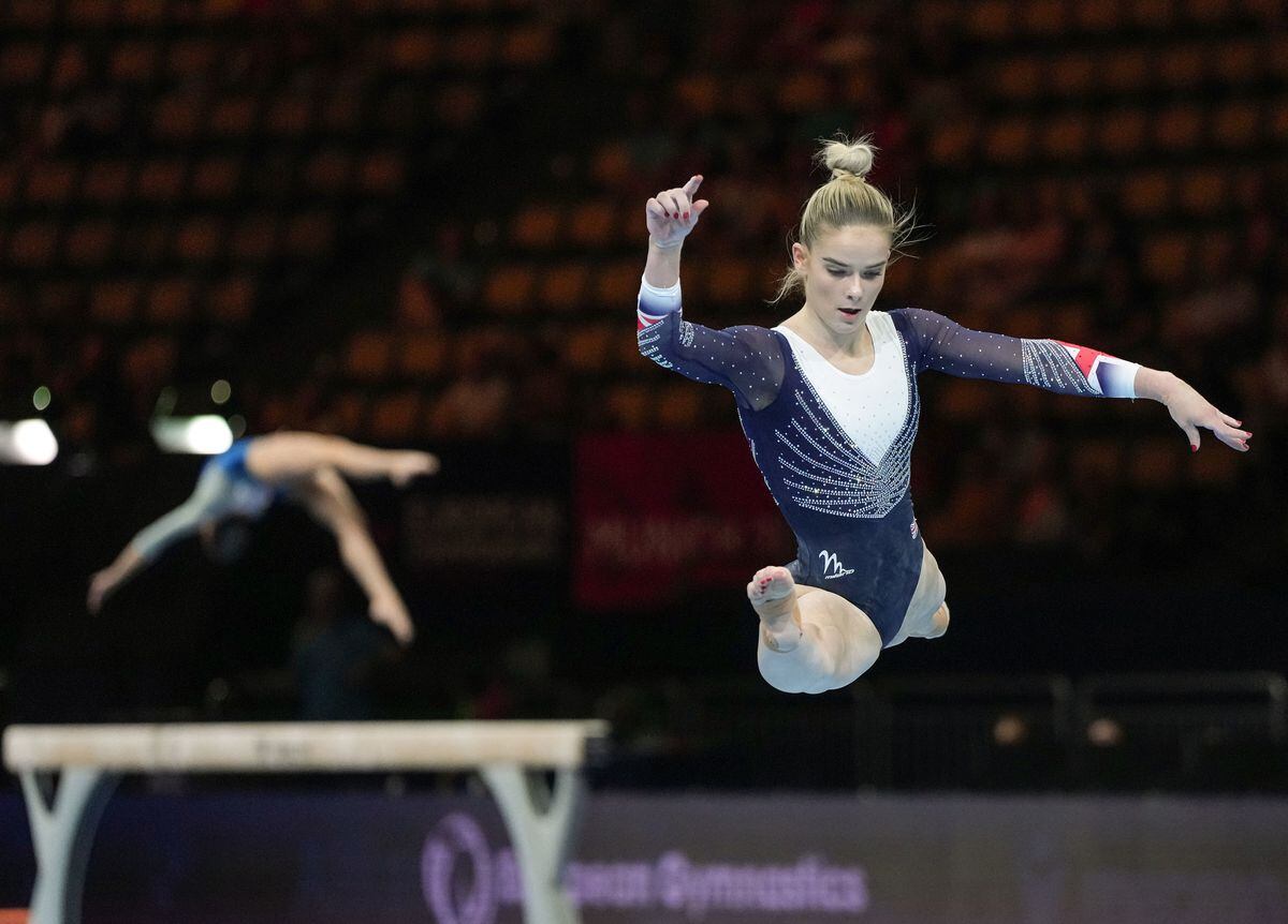 Silver medal winner Alice Kinsella (Great Britain) for the all-around women gymnastics during her performance on the floor on day one of the European Championships 2022 in Munich, Germany