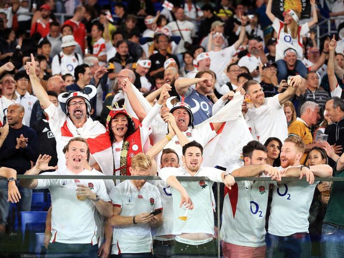 England fans celebrate after the 2019 Rugby World Cup Semi Final match at International Stadium Yokohama