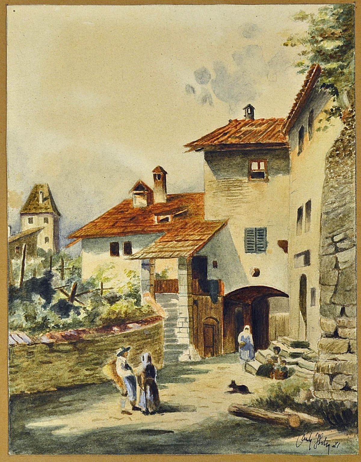 An artwork attributed to Adolf Hitler of the town gate at Drnstein in the Wachau valley