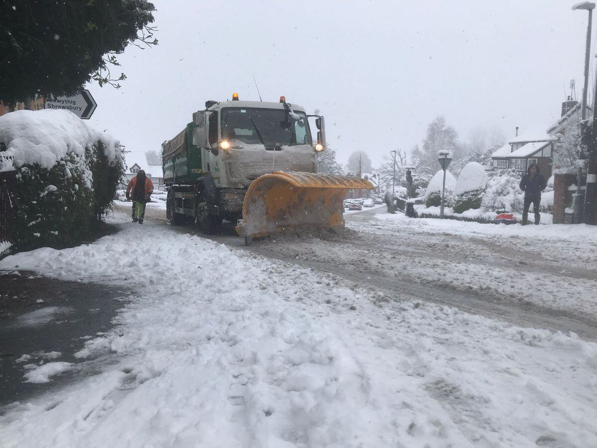 A snowplough made its way through Montgomery to help clear the road