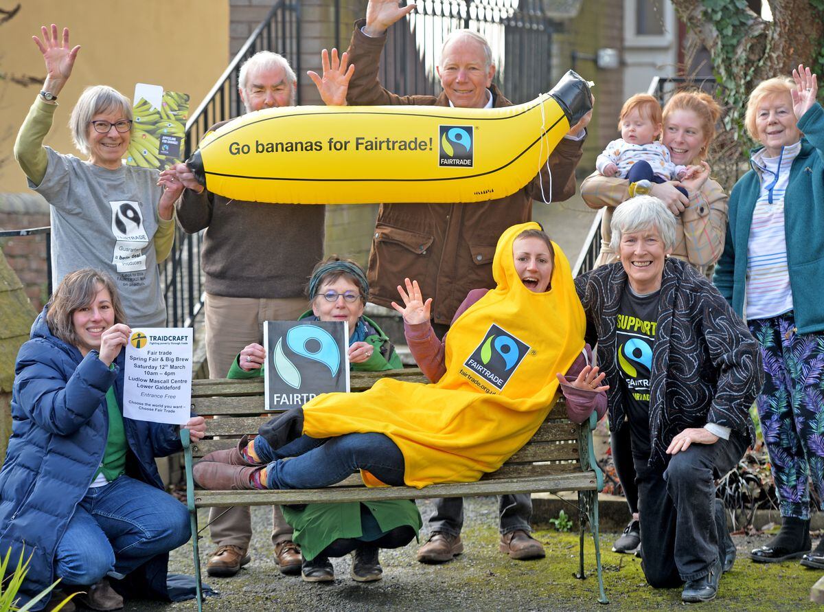 Ludlow Fairtrade Fortnight at Ludlow Mascall Centre Pictured, front left, Liz Taylor, as a banana is Laura Perratt  and Kim Holroyd with fellow fair traders..