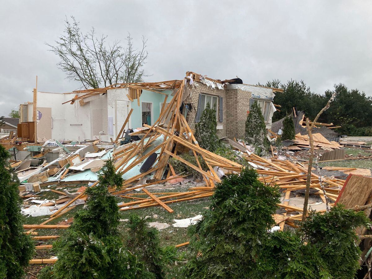 Damage to a home was seen after the tornado passed through the Gaylord, Michigan area