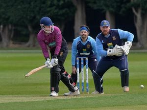 Shrewsbury (in blue) V Shifnal at Shrewsbury Cricket Club. Wicket Keeper: Matt Swift , Bat: Alex Riley..