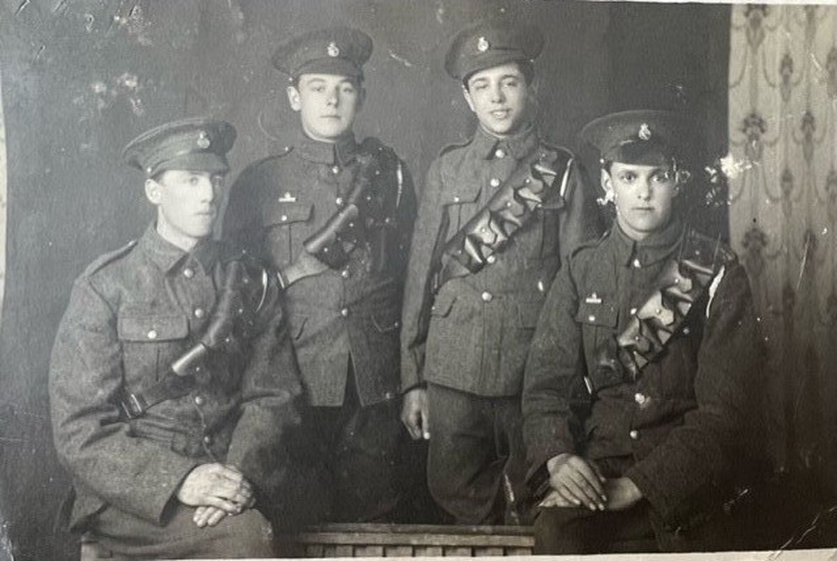 Jack, far right, with some of his fellow soldiers who had joined the KSLI to fight in the First World War