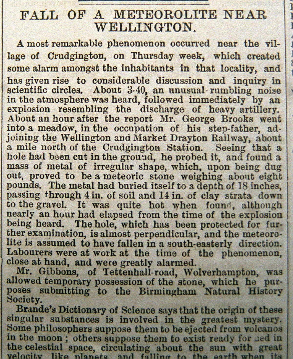 Hvordan hendelsen ble rapportert i Wellington Journal og Shrewsbury News 29. april 1876.