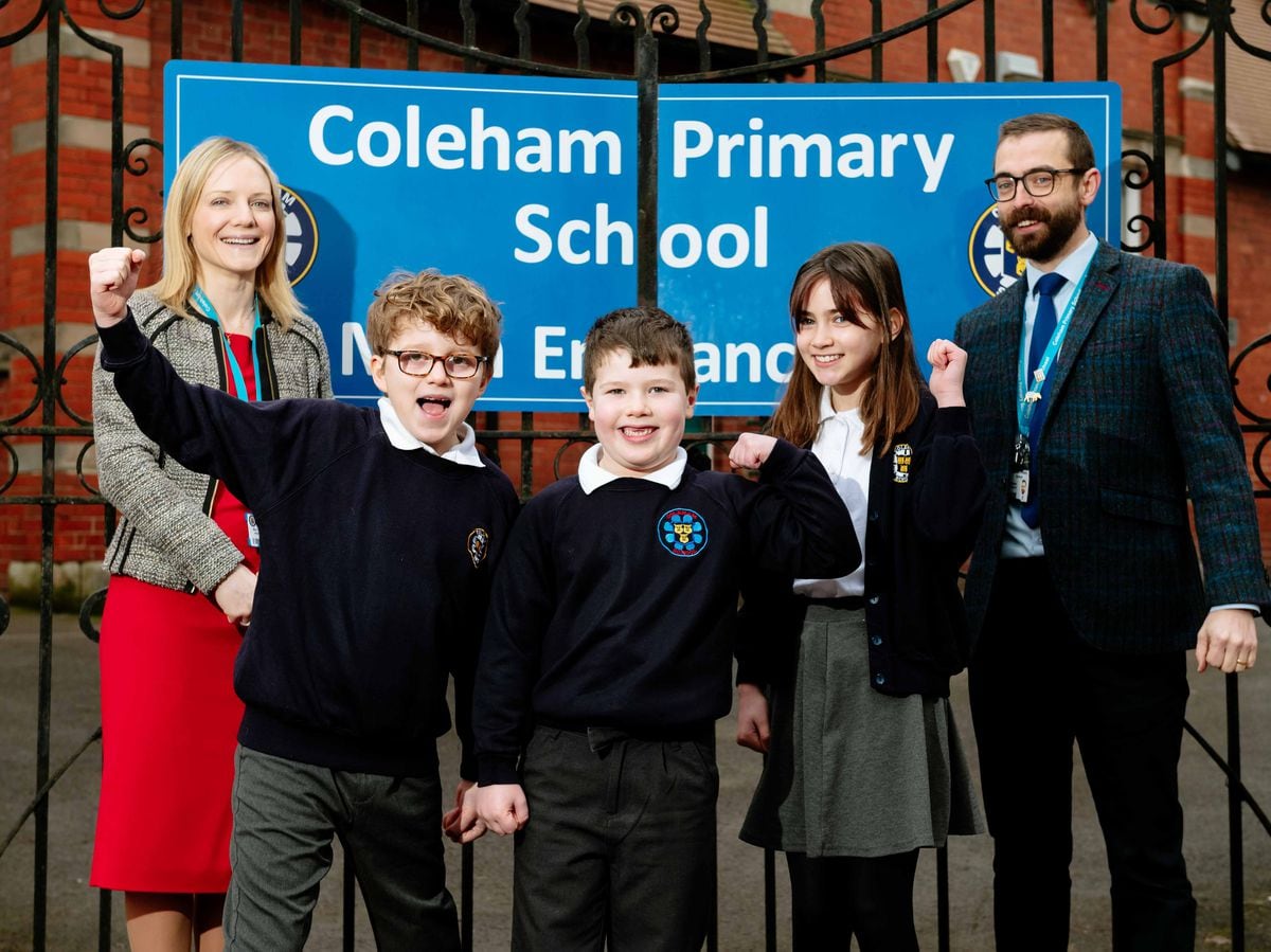 Celebrating Coleham Primary School's Ofsted report are headteacher Claire Jones, pupils Harry Hunter, Luca Collins and  Ariana Jones, and deputy headteacher Tom Larkham
