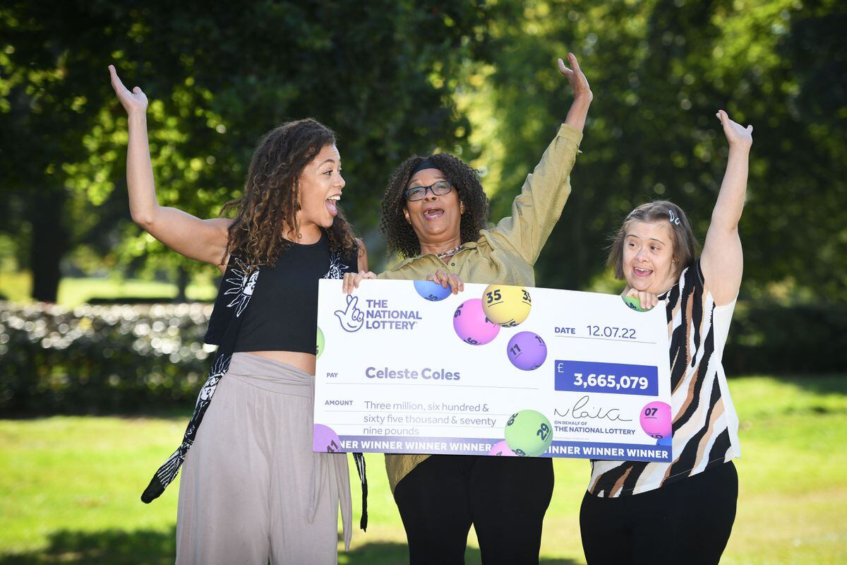 Celeste Coles celebrates her £3.7 million lottery win wiht daughters Nicola and Rachel