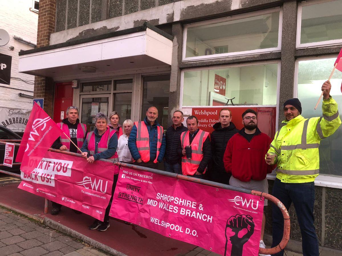Workers on the picket line at the Severn Street delivery depot in Welshpool