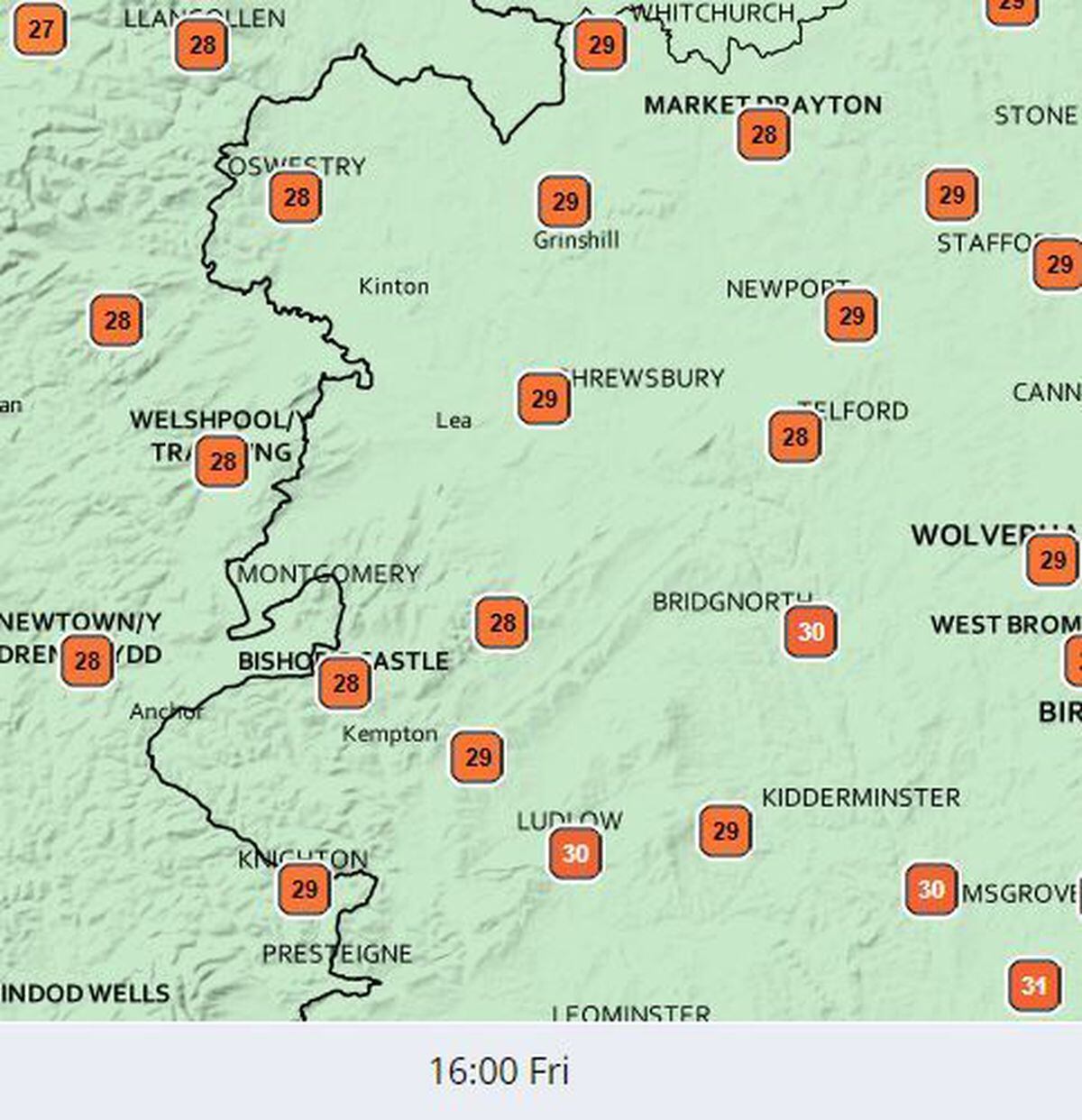 Some of the peak temperatures expected in Shropshire towns on Friday afternoon. Data: Met Office