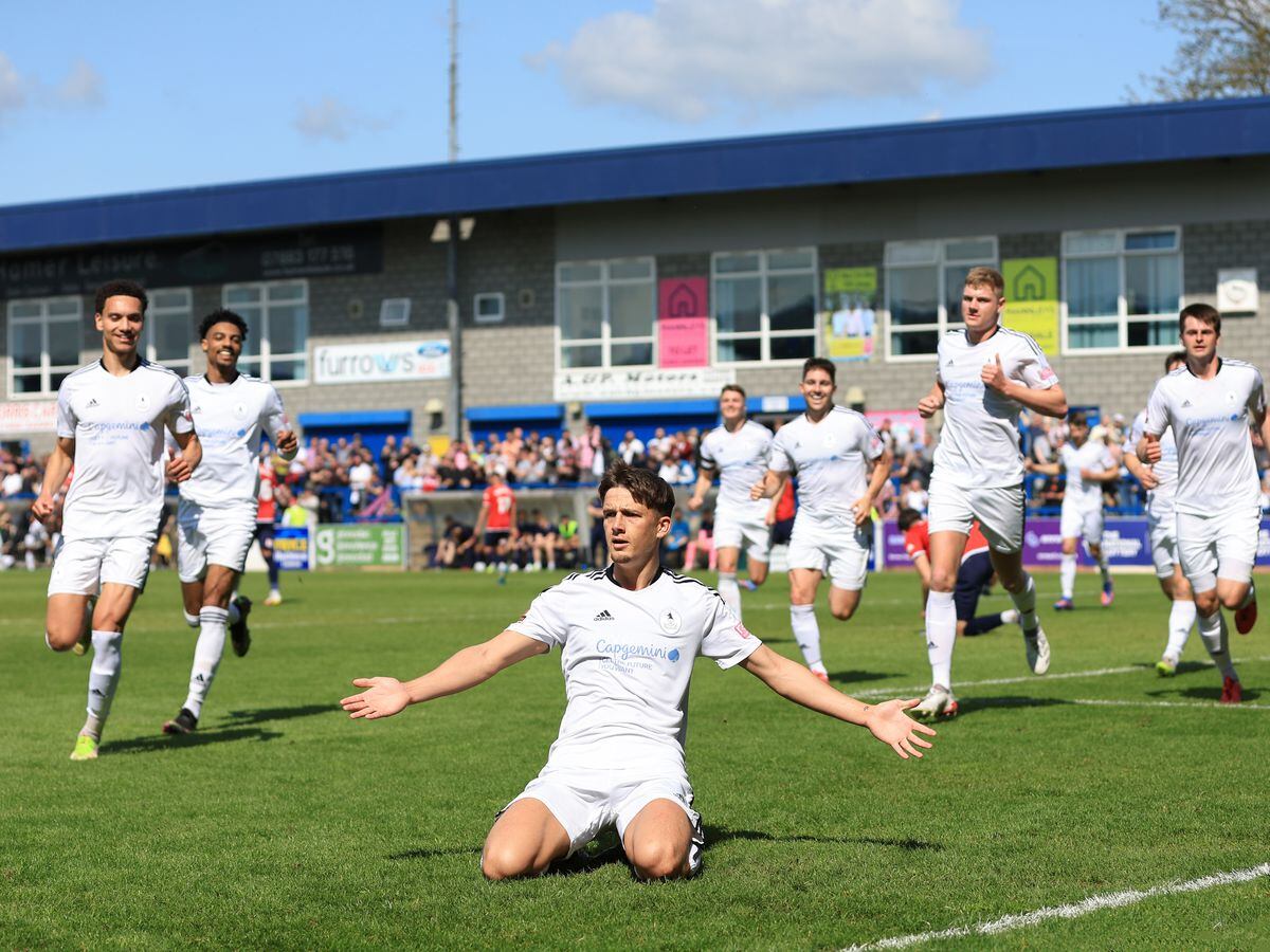 Keaton Ward of AFC Telford United celebrates after scoring a goal to make it 1-0 on the final day of the season