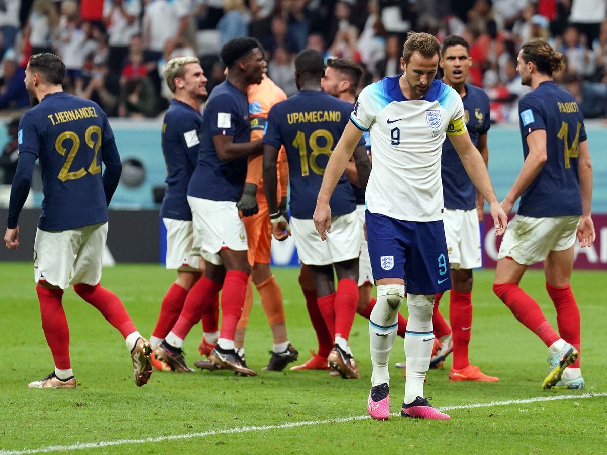Harry Kane reacts after missing his second penalty against France in the World Cup quarter-final