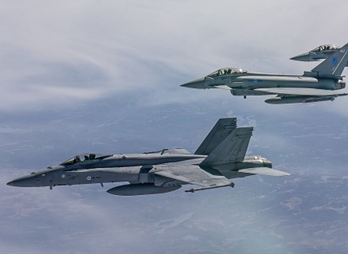 A Finnish F/A-18 Hornet and two Royal Air Force Typhoons. Photo: Finnish Air Force