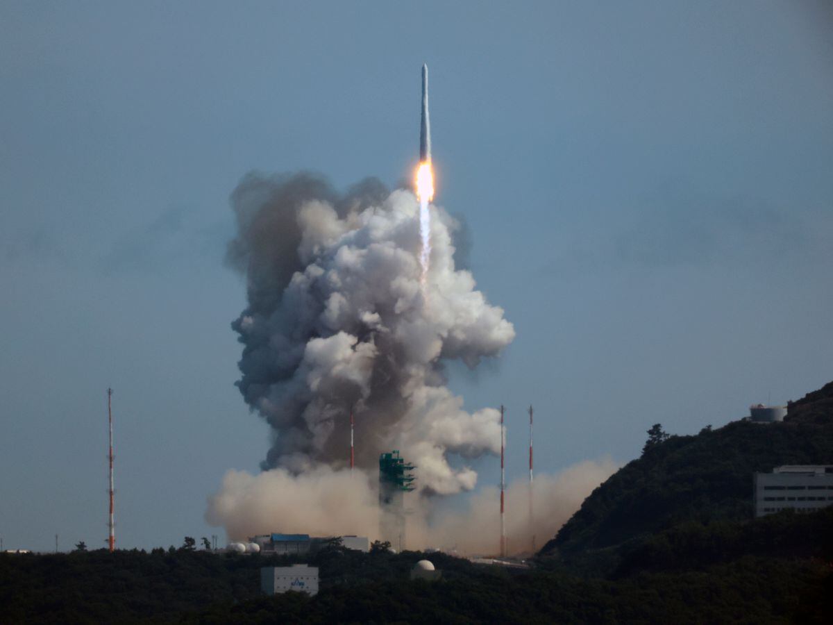 The Nuri rocket, the first domestically built space rocket, lifts off from a launch pad at the Naro Space Centre in Goheung, South Korea