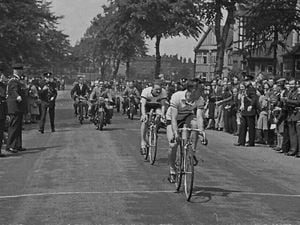 Albert Price from Wolverhampton takes first place ahead of fellow Wulfrunian Cecil Anslow in the ground-breaking Llangollen-to-Wolverhampton road race organised by Percy Stallard 80 years ago. Picture supplied by Shrewsbury cycling historian Jim Leach.