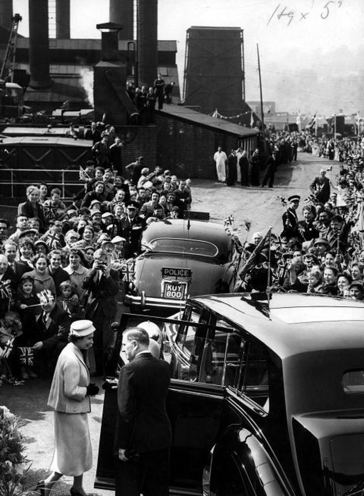 The Queen arrives at Walter Somers engineering works in Halesowen during a visit in April, 1957