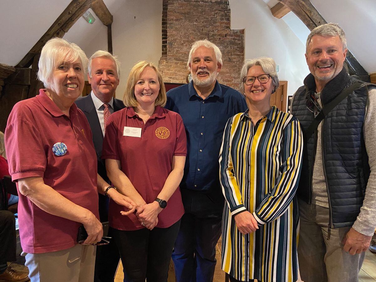 At the exhibit, from left: Linda Fletcher, Deputy Lord-Lieutenant of Shropshire Anthony Morris-Eyton, Cathryn Ross-Talbot, Professor Richard Hoyle and Dr Judith Everard from Victoria County History with Councillor Tim Nelson