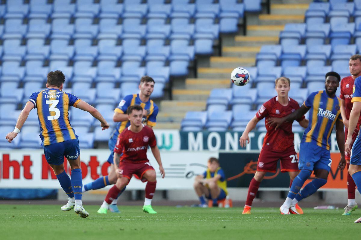 Luke Leahy  of Shrewsbury Town scores a goal to make it 1-1 (AMA)
