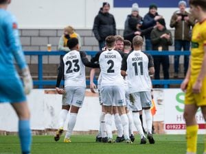 AFC Telford United players celebrating  George Burroughs (30) (AFC Telford United Defender on loan from Coventry City) goal