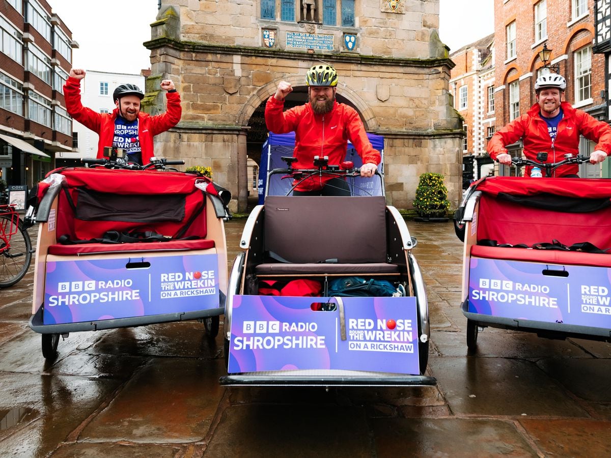 BBC Radio Shropshire's Adam Green, Andy Broxton and Richard Tilsdale set off one three Rickshaws to cycle 50 miles around the Wrekin for Red Nose Day, raising money for Comic Relief