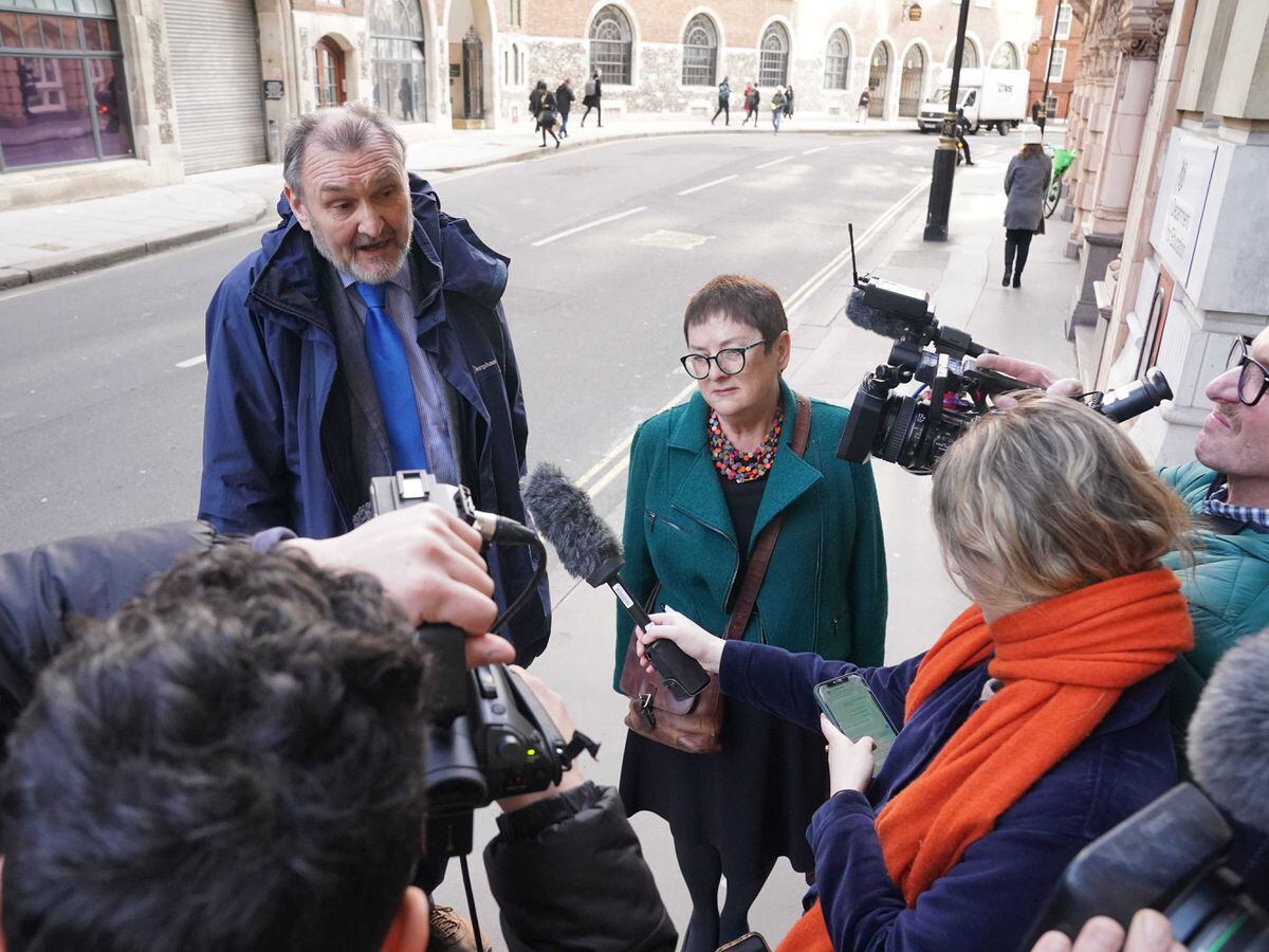 Kevin Courtney and Mary Bousted, joint general secretaries of the National Education Union, speak to the media outside the Department for Education in London
