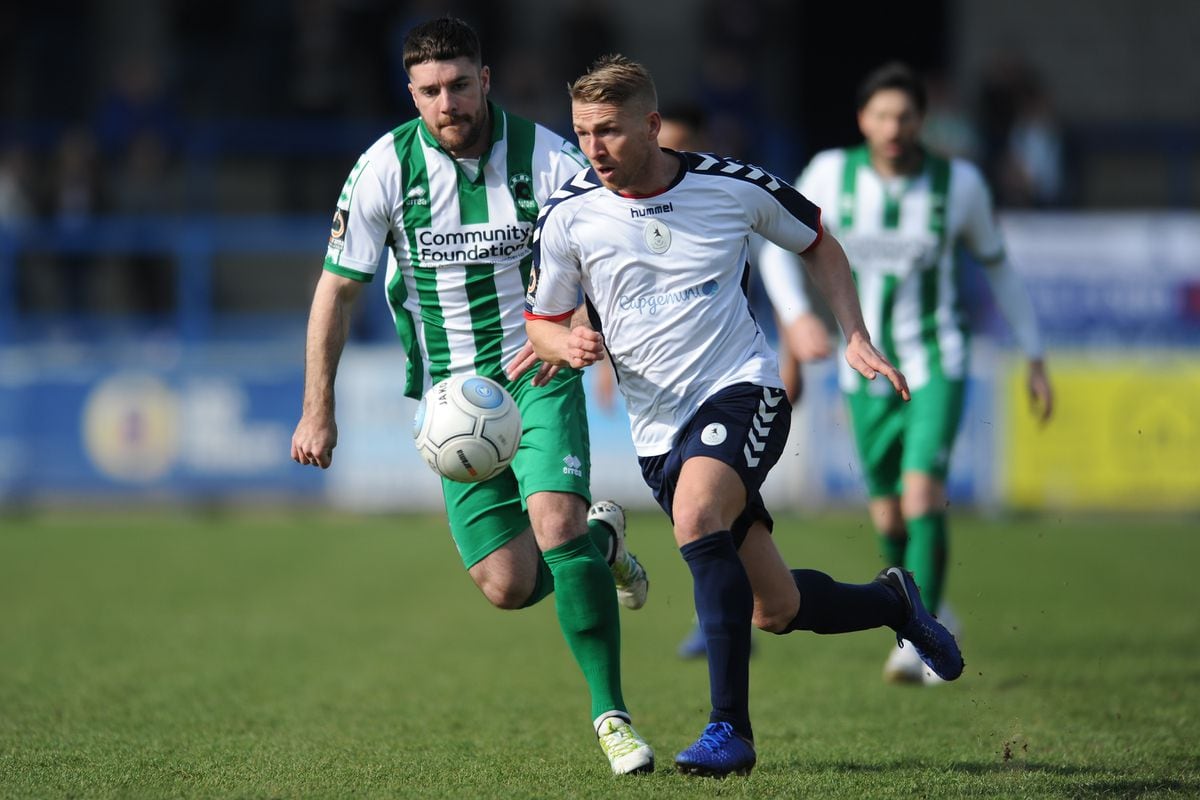 Darryl Knights of AFC Telford on the attack during the Vanarama National League North fixture between AFC Telford United and Blyth Spartans at the New Bucks Head