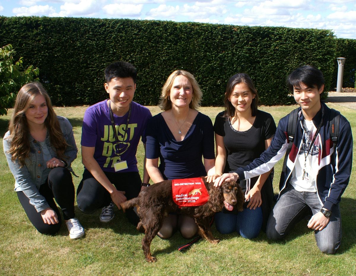 Left to right with Dr. Claire Guest and Asha at Concord College were Sophie Scott, of the Shrewsbury colleges group, Jeremy Lee, Grace Loy and James Chong, all Concord College 6th form students.
