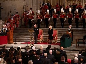 King Charles III and the Queen Consort stand for the national anthem at Westminster Hall on September 12 when both Houses of Parliament met to express their condolences following the death of Queen Elizabeth II. Photo: John Sibley/PA Wire