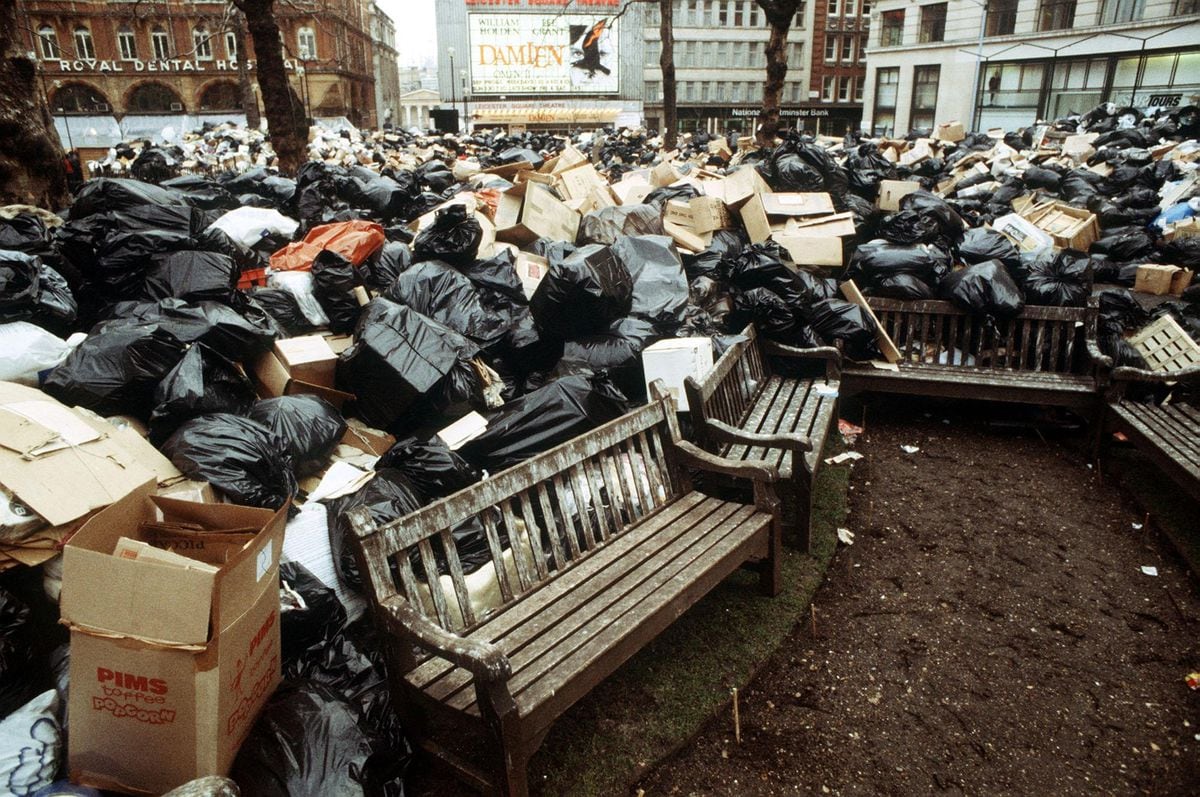 Rubbish piling up in Leicester Square, London, in January 1972