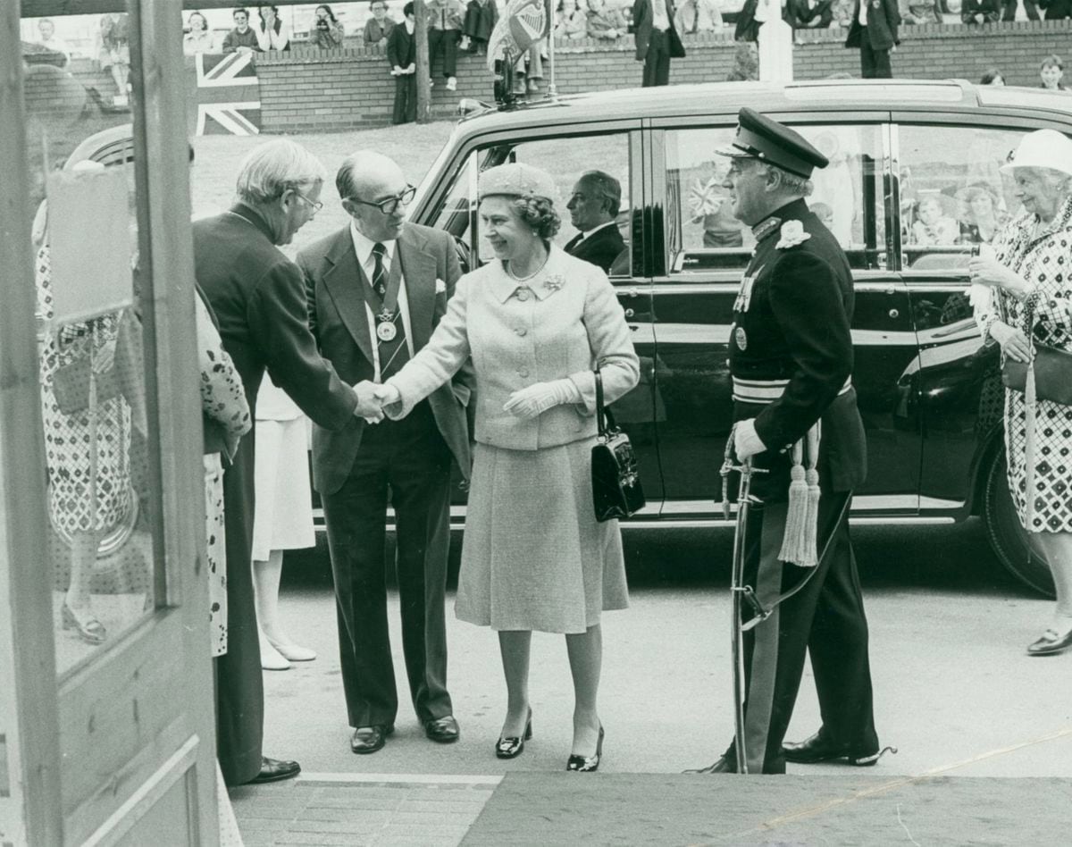 The Queen arrives at Saxon Hall School during a visit to Stafford in 1980