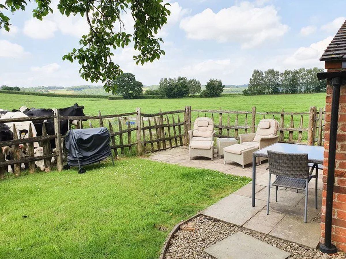 The Shooting Folly: the garden has romantic views of rolling Shropshire countryside, and even some cows. Photo: Sykes Holiday Cottages.