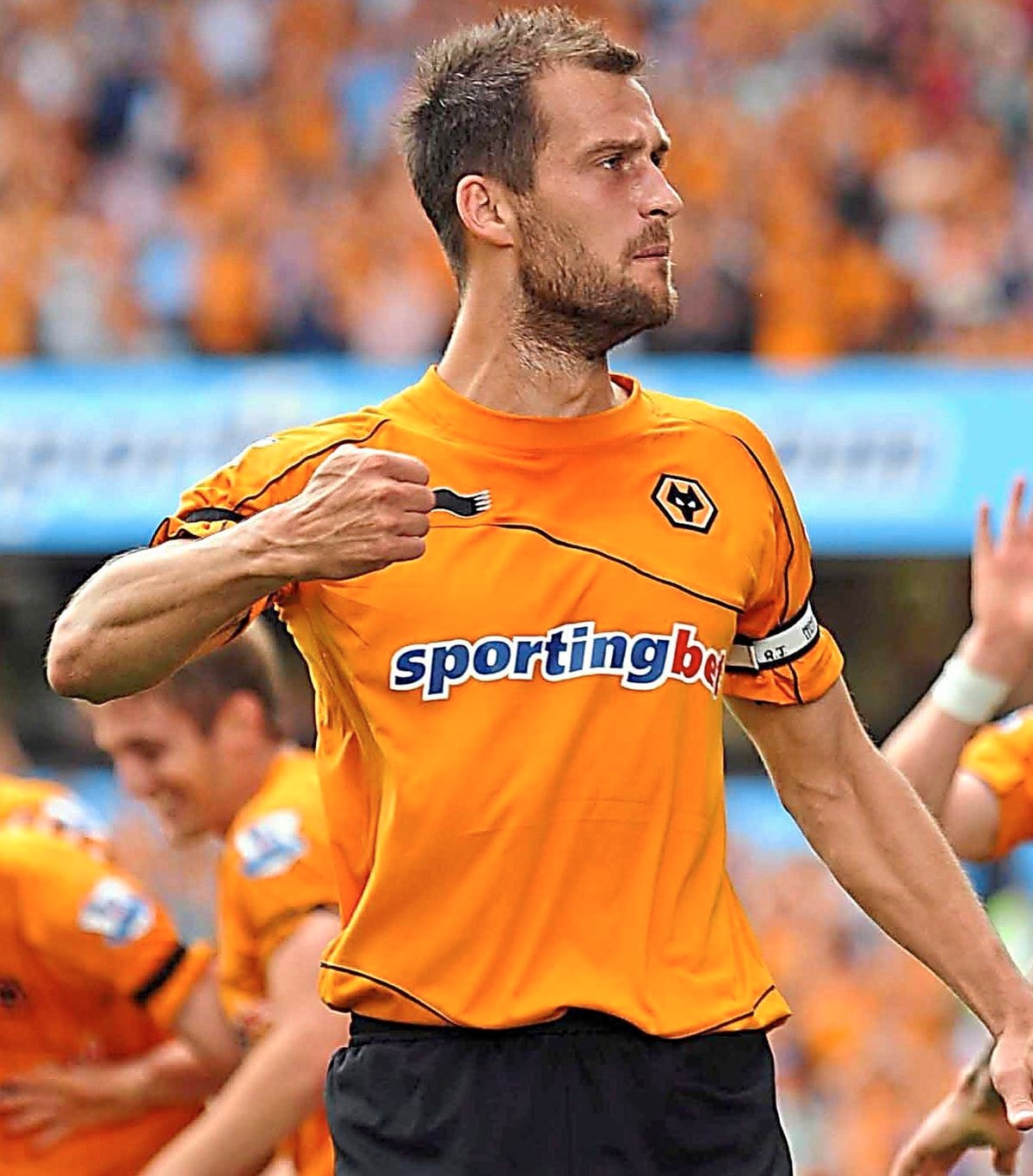 21/8/2011. PIC BY ED BAGNALL. Wolves V Fulham in the Premier League at Molineux. Roger Johnson celebrates Matt Jarvis’s goal.