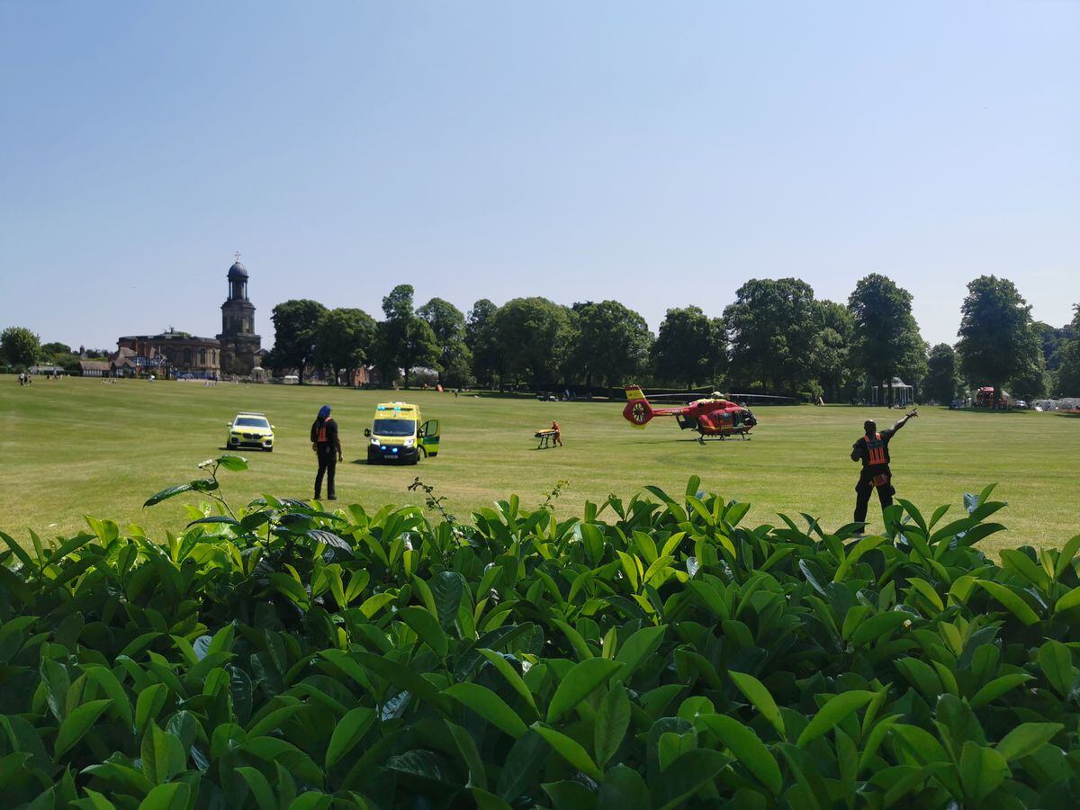 An air ambulance helicopter landed in the Quarry in Shrewsbury this afternoon