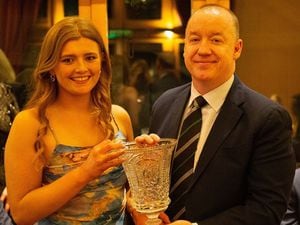 BSc (Hons) Bioveterinary Science student Robyn McConnell, 21, from Ballyclare, Co. Antrim, is presented with the President’s Prize by Harper Adams Vice-Chancellor Professor Ken Sloan