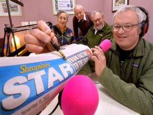 Councillor Chris Lemon at the West Shropshire Talking Newspaper with chairman Mary Pascoe, Paul Pascoe, and Steve Bristow.