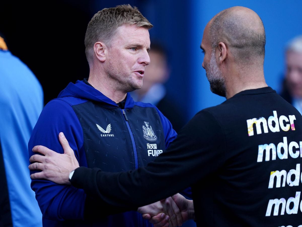 Newcastle head coach Eddie Howe (left) admits his team has a gap to close on the likes of Pep Guardiola's Manchester City