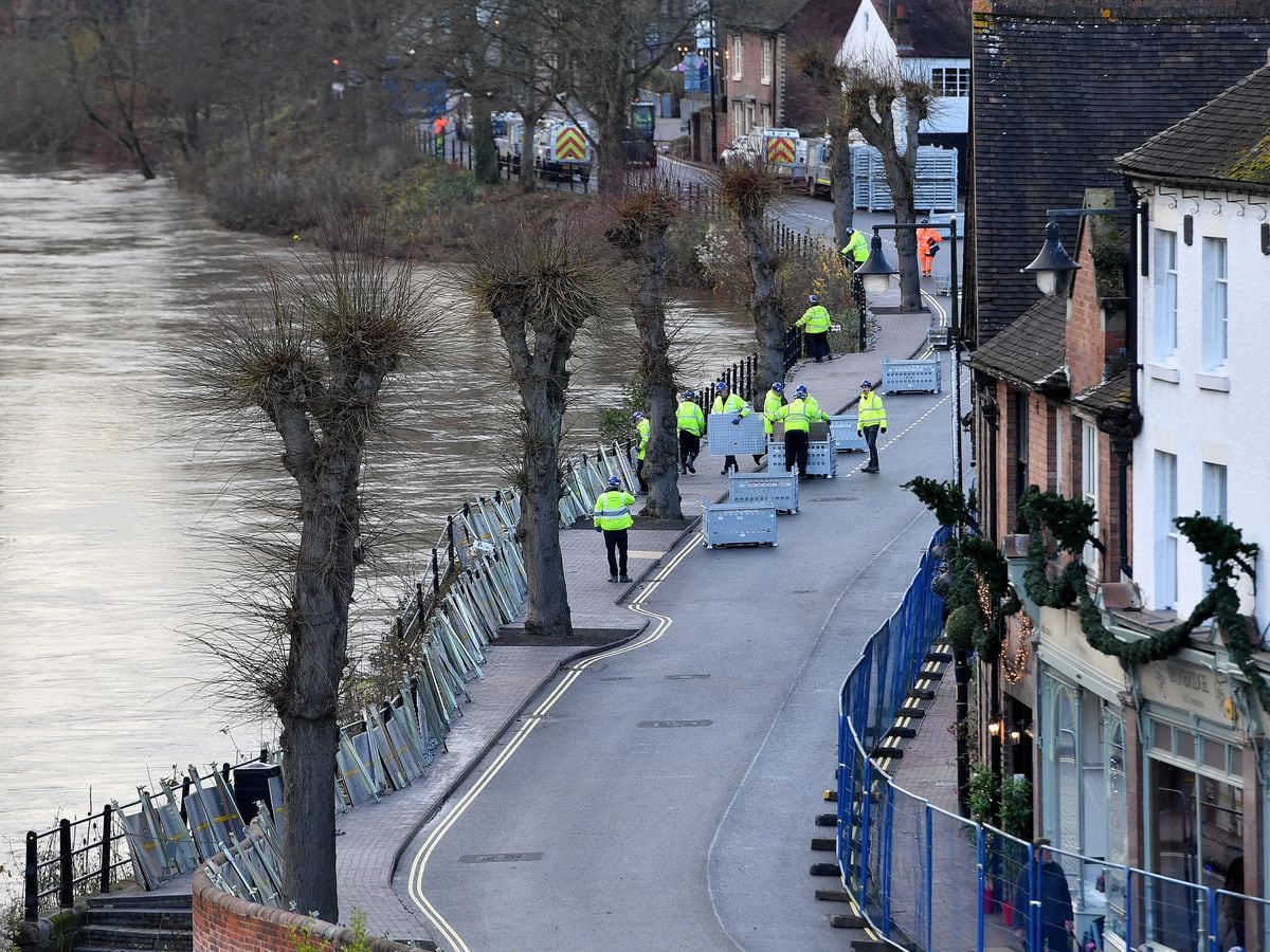 Flood barriers were installed in the Wharfage, Ironbridge, on Friday
