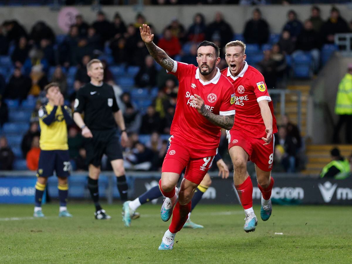 Ryan Bowman of Shrewsbury Town celebrates after scoring a goal to make it 0-1.