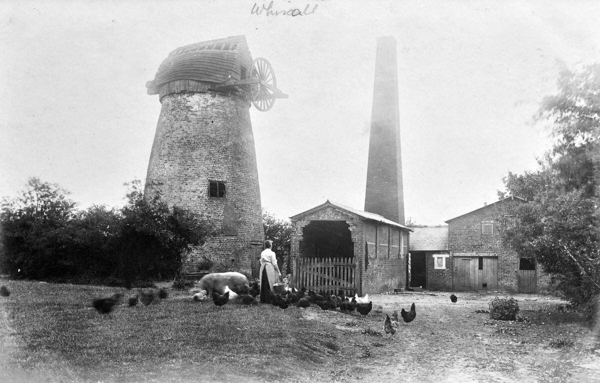 This picture from the postcard collection of Ray Farlow has no details apart from the fact it was taken at Whixall. However, as it happens, 20 years ago Peter and Audrey Edgerton of Whixall, also postcard collectors who had the same image, gave us these details: "Whixall Mill in 1904. The lady in the picture is believed to be Mrs Cotton. The wheel on top of the mill had a chain attached to turn the sails into the wind. We are not actually sure but were told there was a bakery there." 