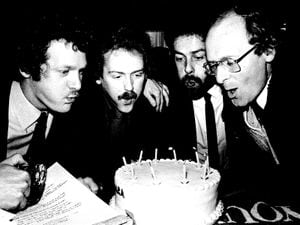 The founder members of the Campaign for Real Ale celebrating the group's 10th birthday in 1981: Jim Makin, Bill Mellor, Michael Hardman and Graham Lees