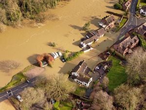 An aerial photo showing flooding in Jackfield in the Ironbridge Gorge