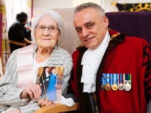 NORTH COPYRIGHT SHROPSHIRE STAR JAMIE RICKETTS 06/03/2023 - Mrs Ellie Sutton celebrates her 100th Birthday at Corbett Court Sheltered Accommodation with Mayor of Market Drayton Mark Whittle..