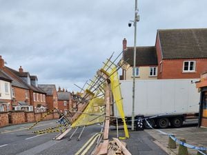 Scaffolding was toppled in Newport earlier today. Picture: Newport SNT