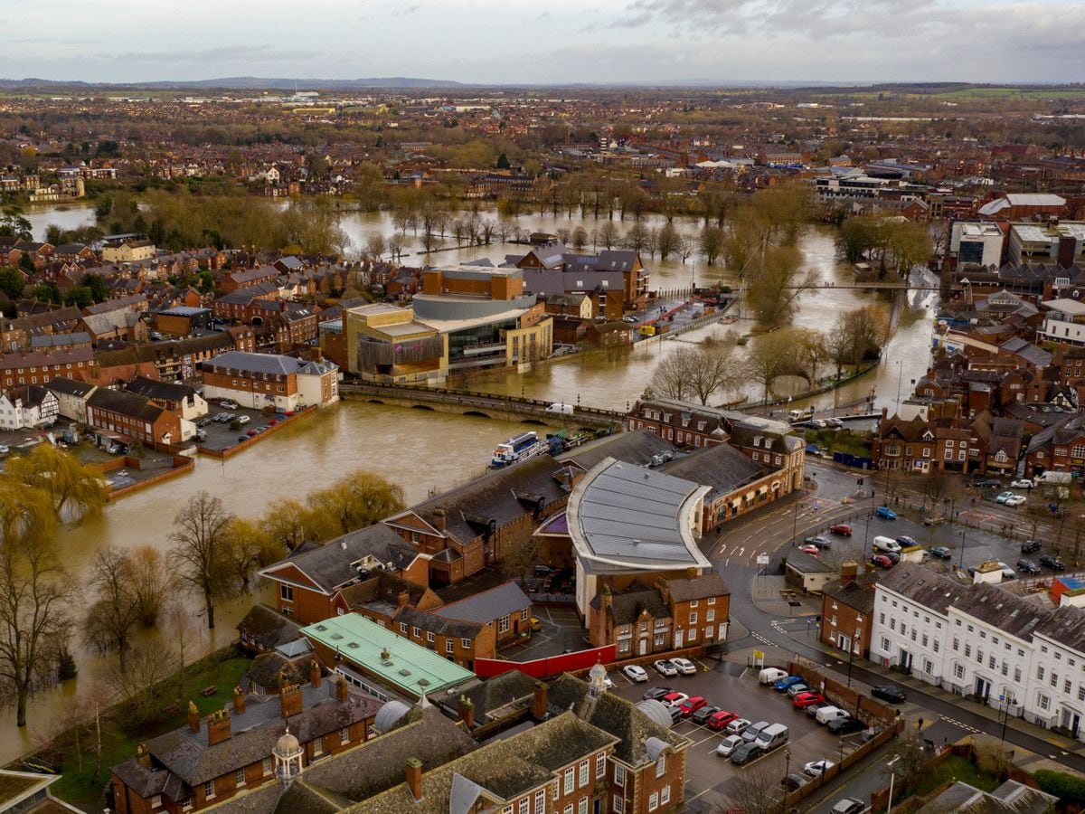 Flooding in Shrewsbury town centre on Tuesday after Storm Dennis. Photo: Shropshire Council and the Drone Rangers